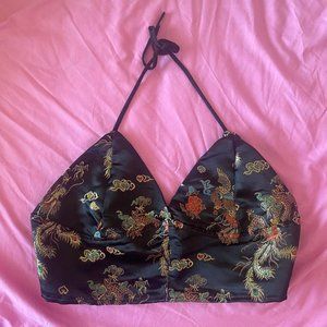 Halter Tie Crop Top with Chinese Dragon Pattern